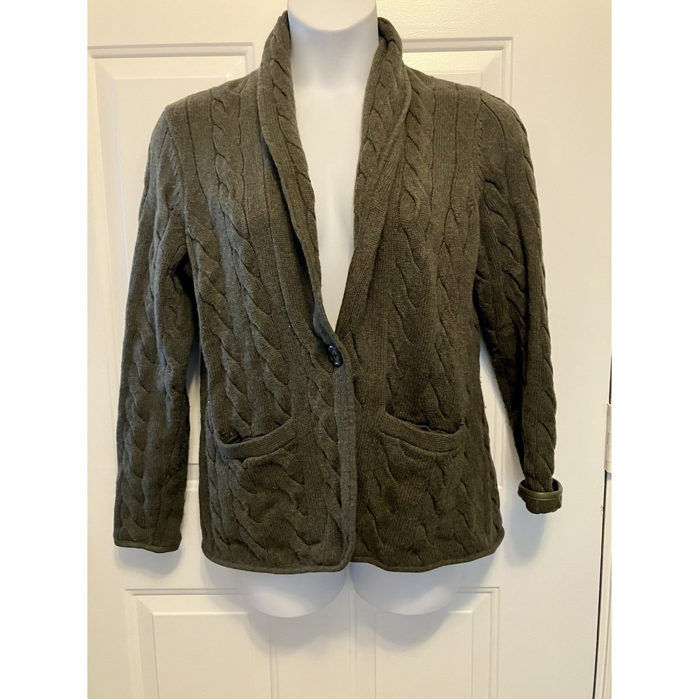 Talbots Size Large Button Up Cardigan Olive Green Cable Knit Wool Blend Women's